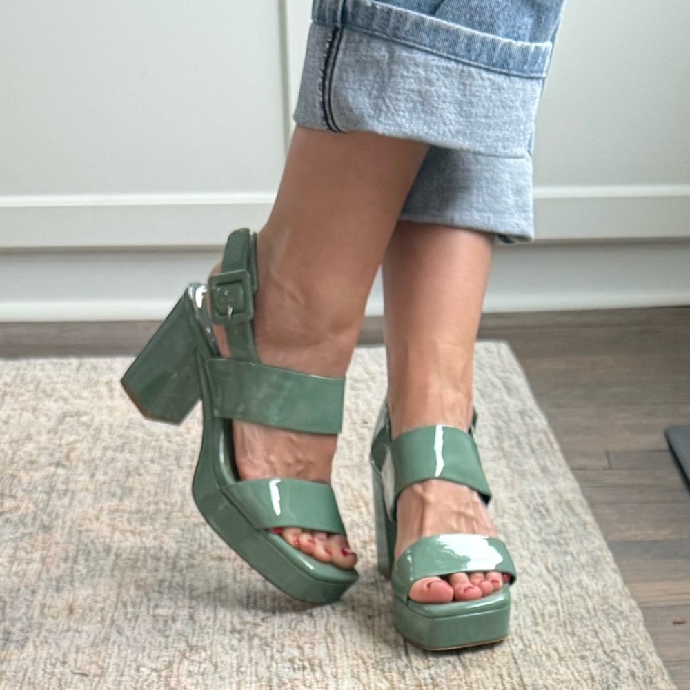 Jeffrey Campbell Green Patent Leather Block Heel Sandals